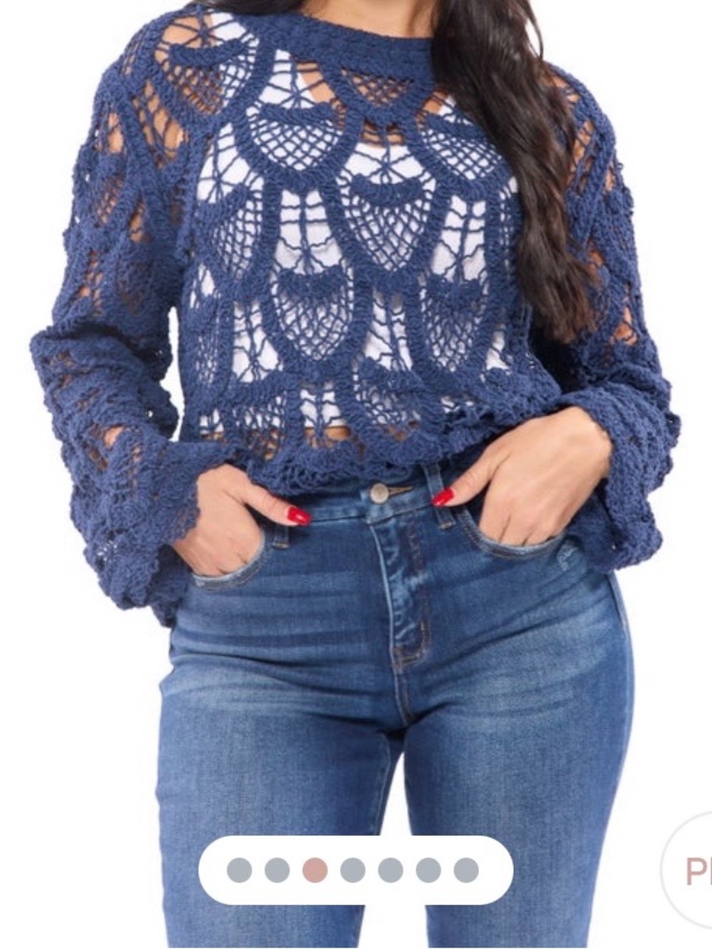 POL Crochet Open-Knit Navy Blue Long-Sleeve Top